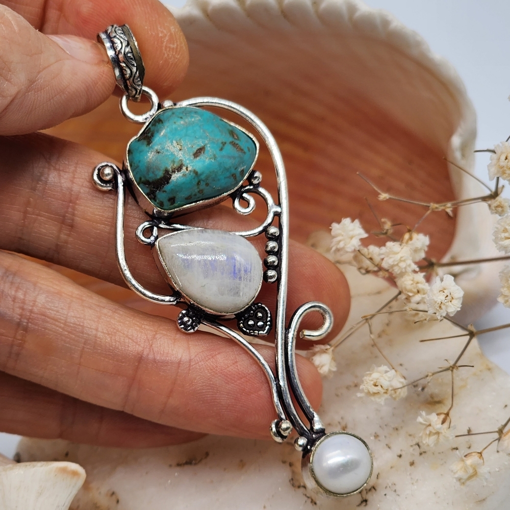 Natural Moonstone Stone Silver 925 Pendant/Necklace Pearl/Turquo